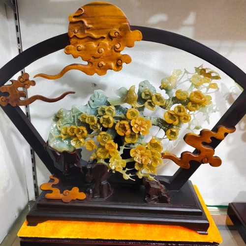 天然花玉摆件梅花喜上眉梢精品岫玉原石手工雕刻50x52公分