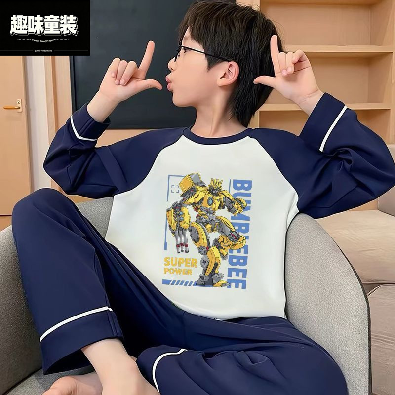新款儿童睡衣男童春秋季长袖纯棉中大童男孩家居服变形金刚套装潮