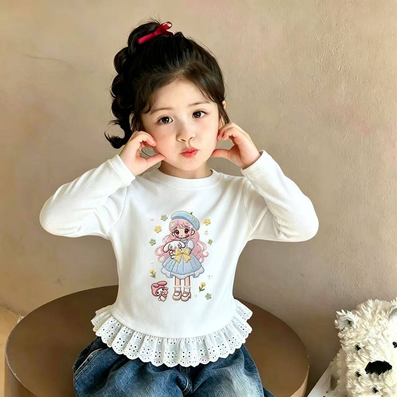 儿童宝宝长袖T恤蕾丝花边春秋中小童上衣春秋女童打底休闲百搭潮