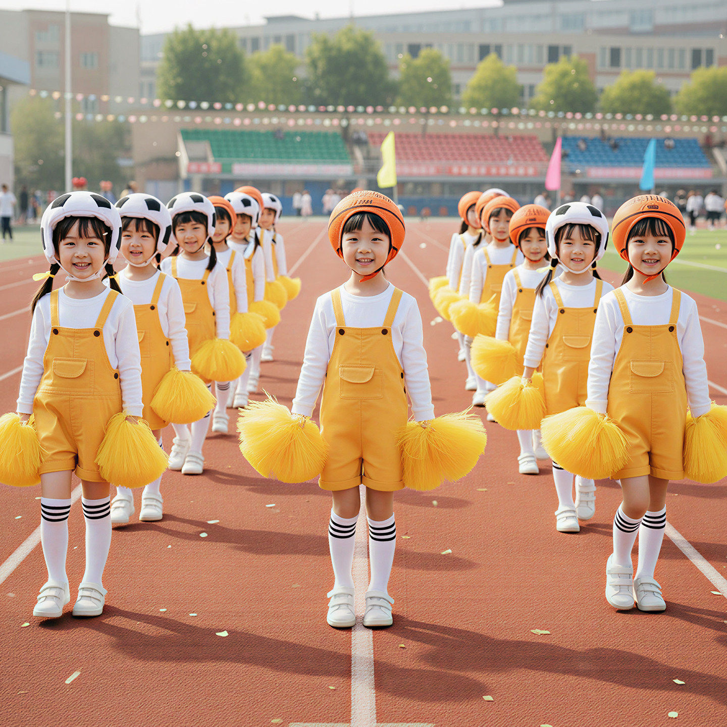 儿童运动会啦啦队演出服校园开幕式小学生背带裤篮球足球头套套装