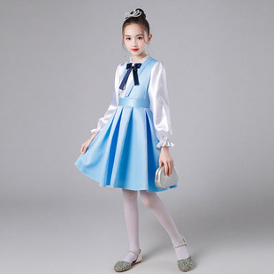 儿童小学生合唱服装女童爱国诗歌朗诵演讲比赛演出服蓝色主持礼服