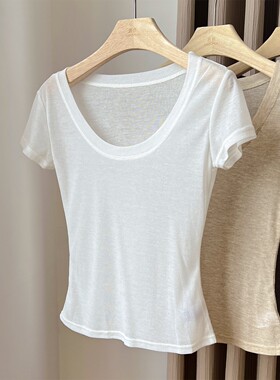 白色正肩短袖t恤女薄款微透夏季新款低圆领锁骨修身百搭上衣半袖