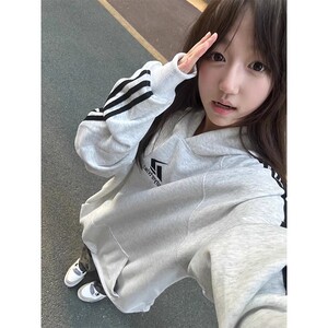 美式复古vintage三条杠灰色卫衣女春秋季慵懒风宽松美式连帽外套