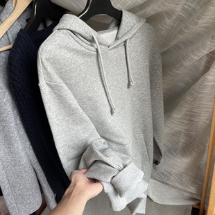 100%纯棉 !简洁干净!男女宽松毛圈纯灰色休闲帽衫套头卫衣打底