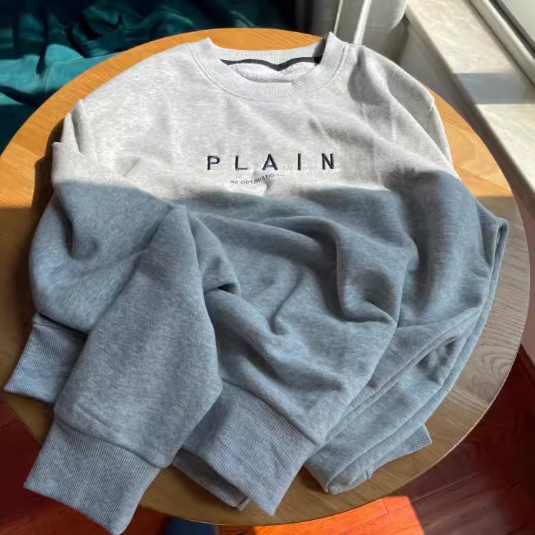 好细腻！简洁干净！细毛圈男士棉刺绣宽松纯色圆领套头卫衣春款