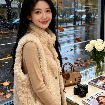 秋冬环保仿羊羔新款皮草马甲毛毛坎肩托斯卡纳学院外套无领上衣女