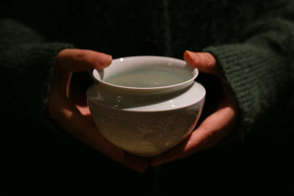 仿宋 湖田窑 影青釉 全手工划花牡丹束口小水盂 水指