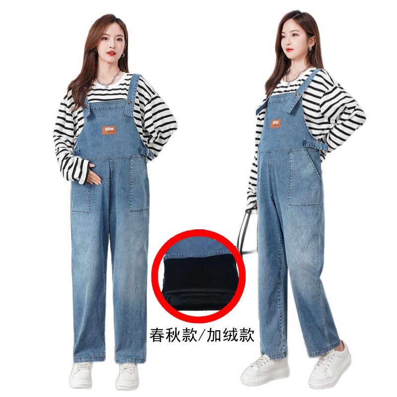 秋冬孕妇加绒阔腿牛仔背带裤显瘦