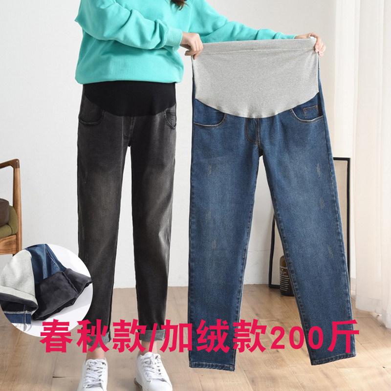 孕妇裤子200斤春秋季外穿打底加肥加大牛仔裤秋冬装加绒加厚保暖