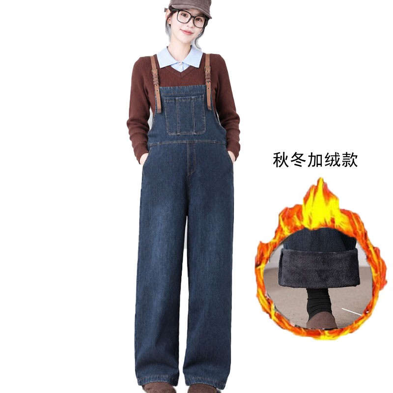 加绒孕妇阔腿牛仔背带裤可调肩带