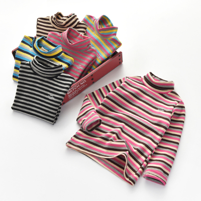 中大童秋季打底衫加厚磨毛高领2025新款纯棉条纹t恤男女童亲子装