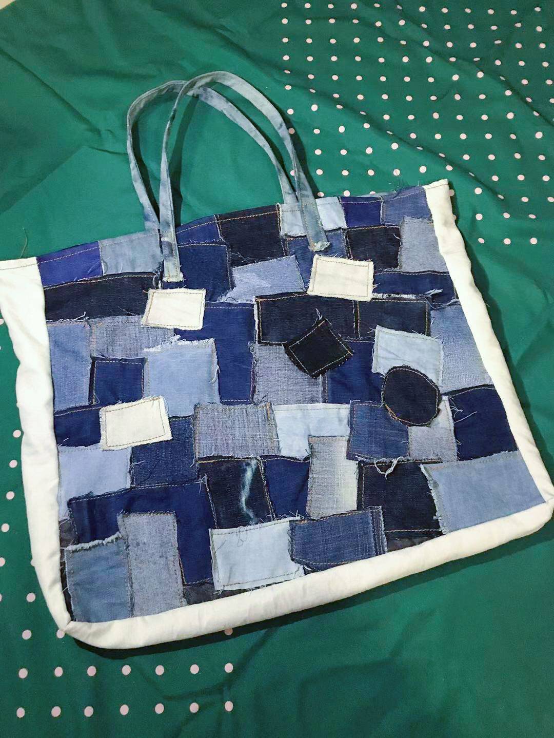 牛仔手工拼接拼布刺子绣补丁乞丐双面复古单肩包手拎包挎包购物包