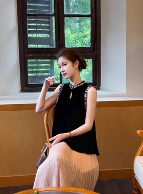 瑾序【夜织辞】复古国风刺绣领丝绒上衣黑色显瘦外穿背心JXXY249