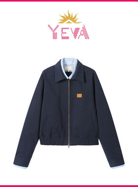 欧洲YEVA 时尚条纹假两件翻领短款夹克2026春季新款撞色宽松拉链