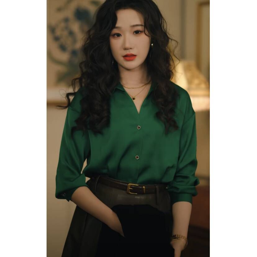 欧洲短剧难攀京枝张晋宜温凝同款衬衫上衣v领绿色衬衣女衣服潮
