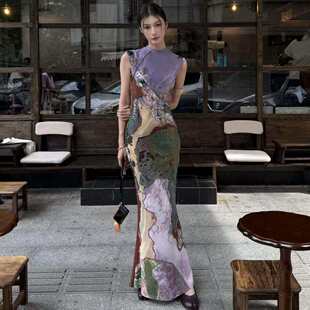 原版代斯同款新中式改良旗袍洋装女夏国风油画印花包臀无袖长版裙