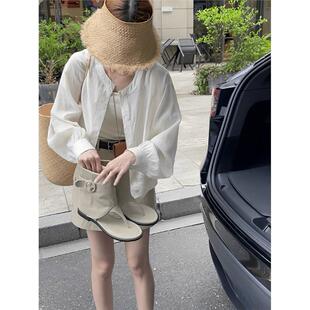 原版韩国东大门夏季新款白色棉麻防晒衬衫女日系气质短版开襟外套