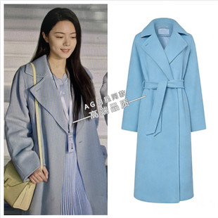欧洲骄阳似我赵今麦聂曦光同款蓝色西装领双面毛呢大衣羊毛呢子外