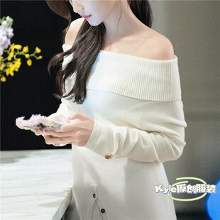 原版美人余余梦李一桐同款毛衣白色一字领露肩套头长袖开叉针织衫