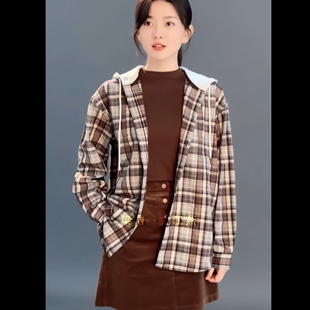 原版罚罪2梁洁文江燕同款衬衫外套春秋连帽拼接格子上衣女衣服潮