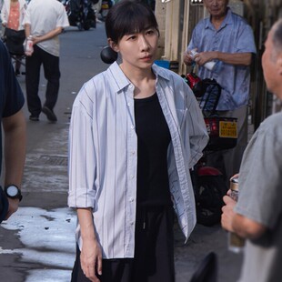 欧洲除恶任素汐胡文静同款衬衫上衣春秋翻领条纹长袖衬衣女衣服潮
