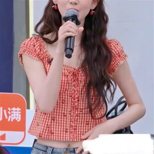 原版浪姐2026陈瑶同款衬衫红色格子纹樱桃短袖短款上衣女潮