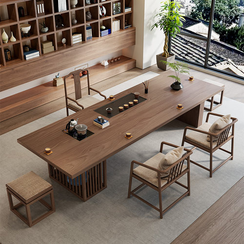 侘寂风全实木茶桌椅组合家用简约现代长桌复古原木洽谈接待泡茶台