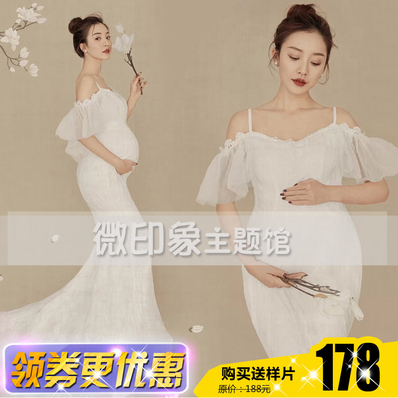 2020新款孕妇艺术照时尚白色蕾丝复古礼服水墨油画风写真主题服装