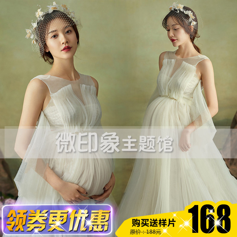 2105新款孕妇照仙儿白纱裙影楼写真性感透视拖尾大肚妈咪主题服装