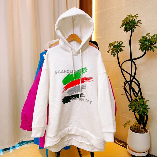 欧货GG潮牌秋冬时尚百搭连帽长袖加绒加厚卫衣女宽松显瘦上衣白色
