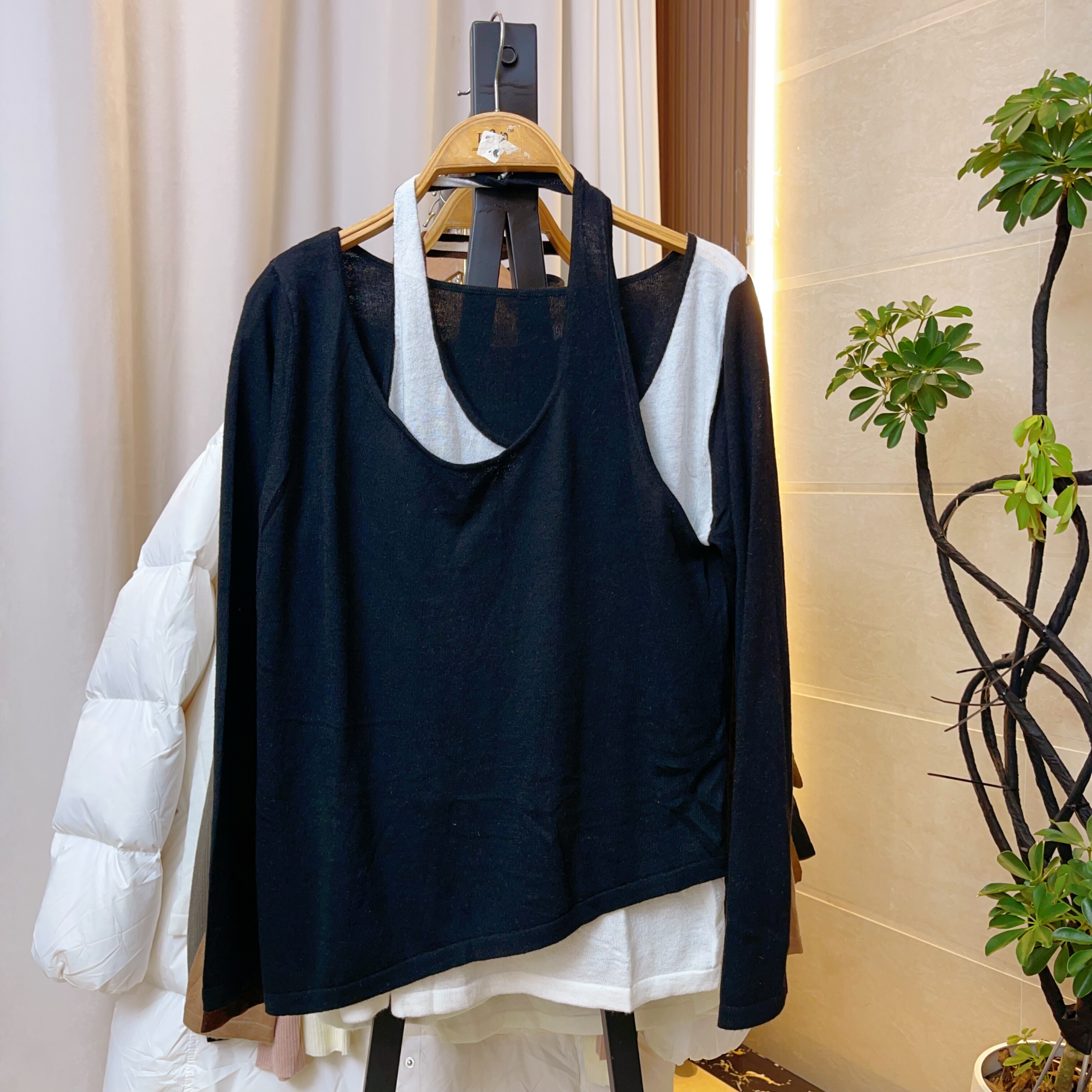 欧货2025秋冬季时尚百搭圆领假两件长袖羊毛桑蚕丝针织衫女黑白风