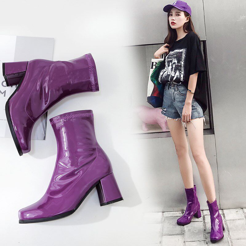 夏日马丁靴女	叶琳紫色女靴春秋单靴2018新款马丁靴女夏季漆皮短在类目 女鞋, 靴子中 - 来自Buy2taobao.com提供专业的淘宝代购服务