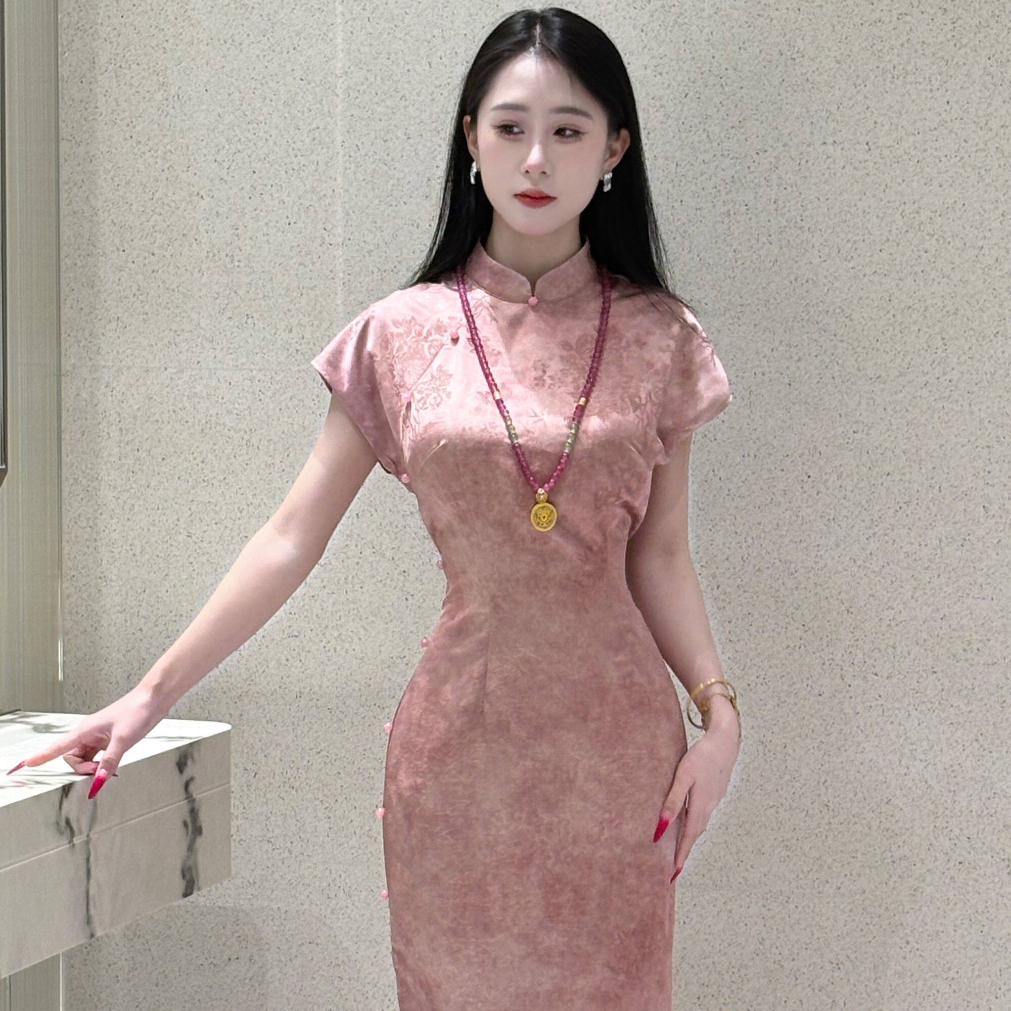 画报夫人原创自制新中式中国风夏季薄款粉色旗袍 粉面含春