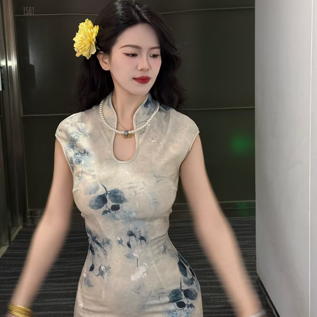 LHMknk1画报夫人弹力网纱复古温柔贝壳袖旗袍 水滴领贝壳袖晚香玉