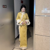 画报夫人原创麂皮绒清宫倒大袖 温柔旗袍 鹅黄