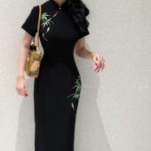 短袖 旗袍连衣裙 玉竹 国风女装 LHMknk1画报夫人原创自制刺绣新中式