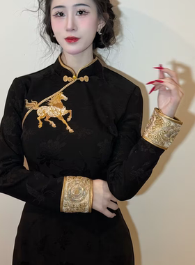 画报夫人高级刺绣显瘦国风旗袍 马到成功小袖口黑色