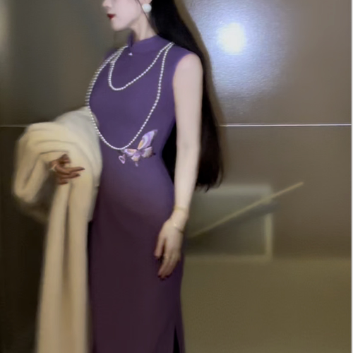 画报夫人原创自制高级重工西装弹力刺绣旗袍连衣裙 紫蝶少女