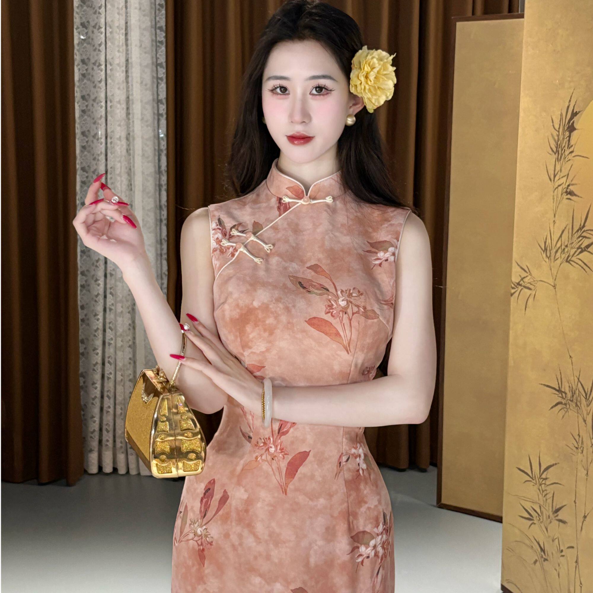 LHMknk1画报夫人原创自制新中式花瓣领港工旗袍雪纺麻提花 橘粉花