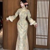 画报夫人原创自制厚款 针织水貂毛秋冬旗袍 争宠绿