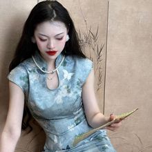 画报夫人原创自制改良贝壳袖新中式国风蓝色旗袍 水蓝色梦