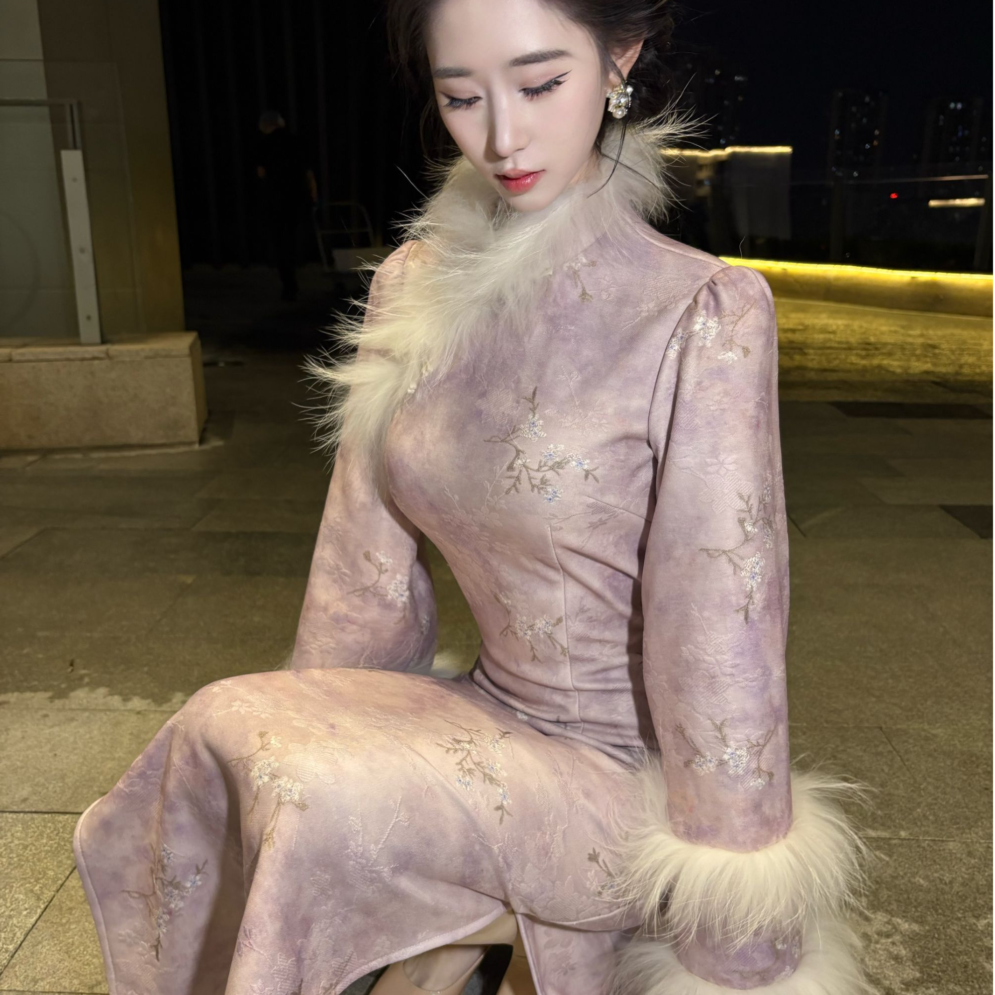 LHMknk1画报夫人原创自制新中式秋冬厚款温柔新中式旗袍 江南水紫