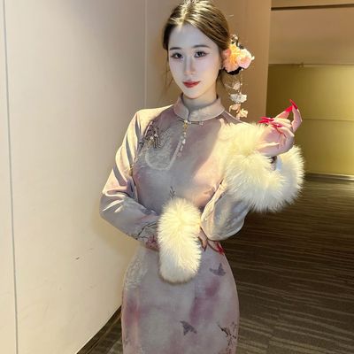 LHMknk1画报夫人原创自制新中式秋冬珠光加绒旗袍 闪耀粉仙长袖