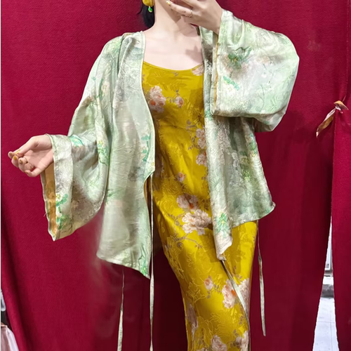 LHMknk1画报夫人清冷国风改良汉服宽松绑带外套 青故浮光锦外套