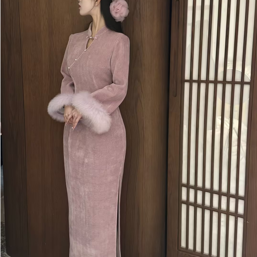 画报夫人原创自制秋冬款温柔浅紫色显瘦秋冬款旗袍 伊人紫