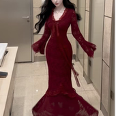 LHMknk1画报夫人原创自制蕾丝温柔飘逸喇叭袖 梦情蕾丝红