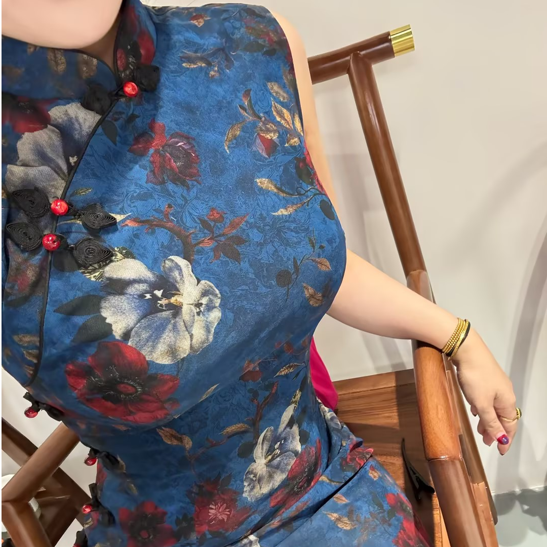 LHMknk1画报夫人原创自制弹力网纱复古新中式蓝色国风旗袍 鸿蓝