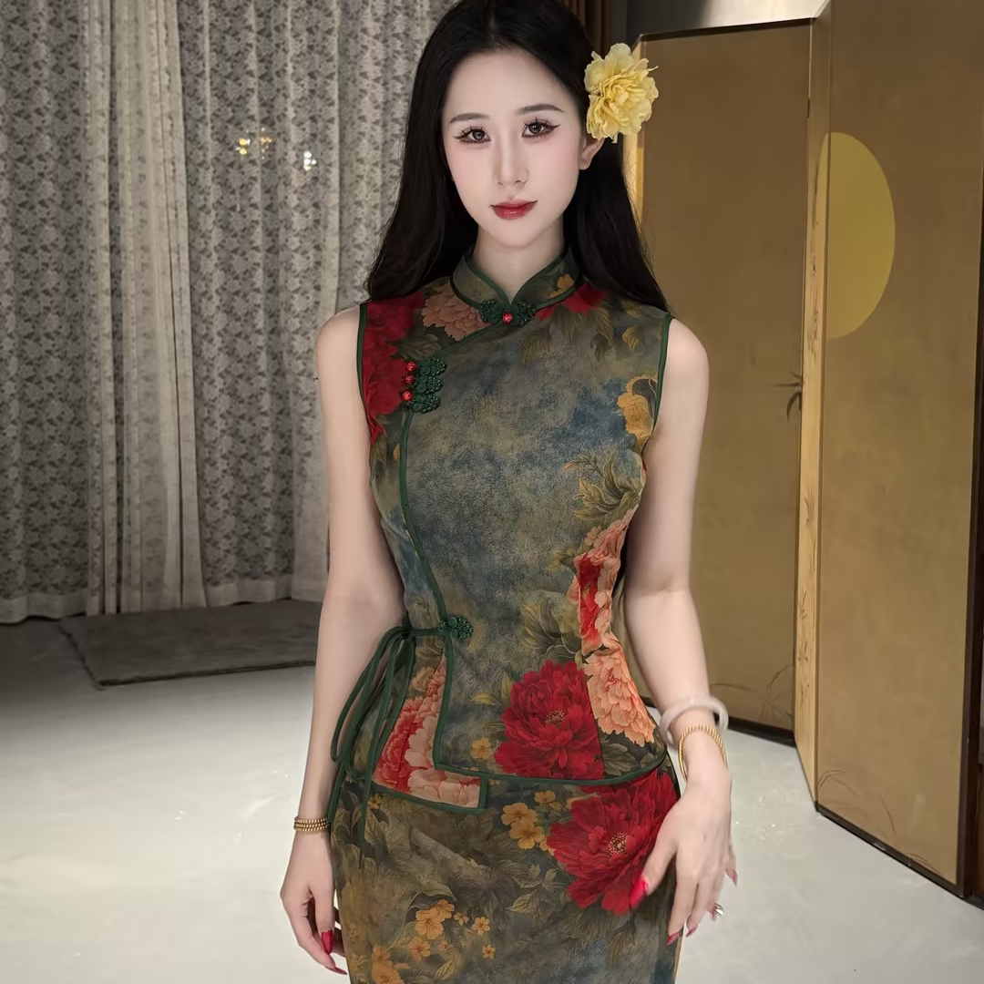 画报夫人原创新中式国风网纱弹力旗袍两件套 花绿牡丹