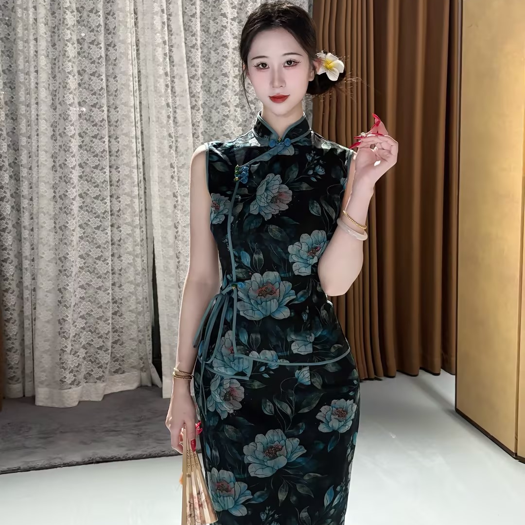 LHMknk1画报夫人原创新中式国风网纱弹力旗袍两件套 墨蓝牡丹