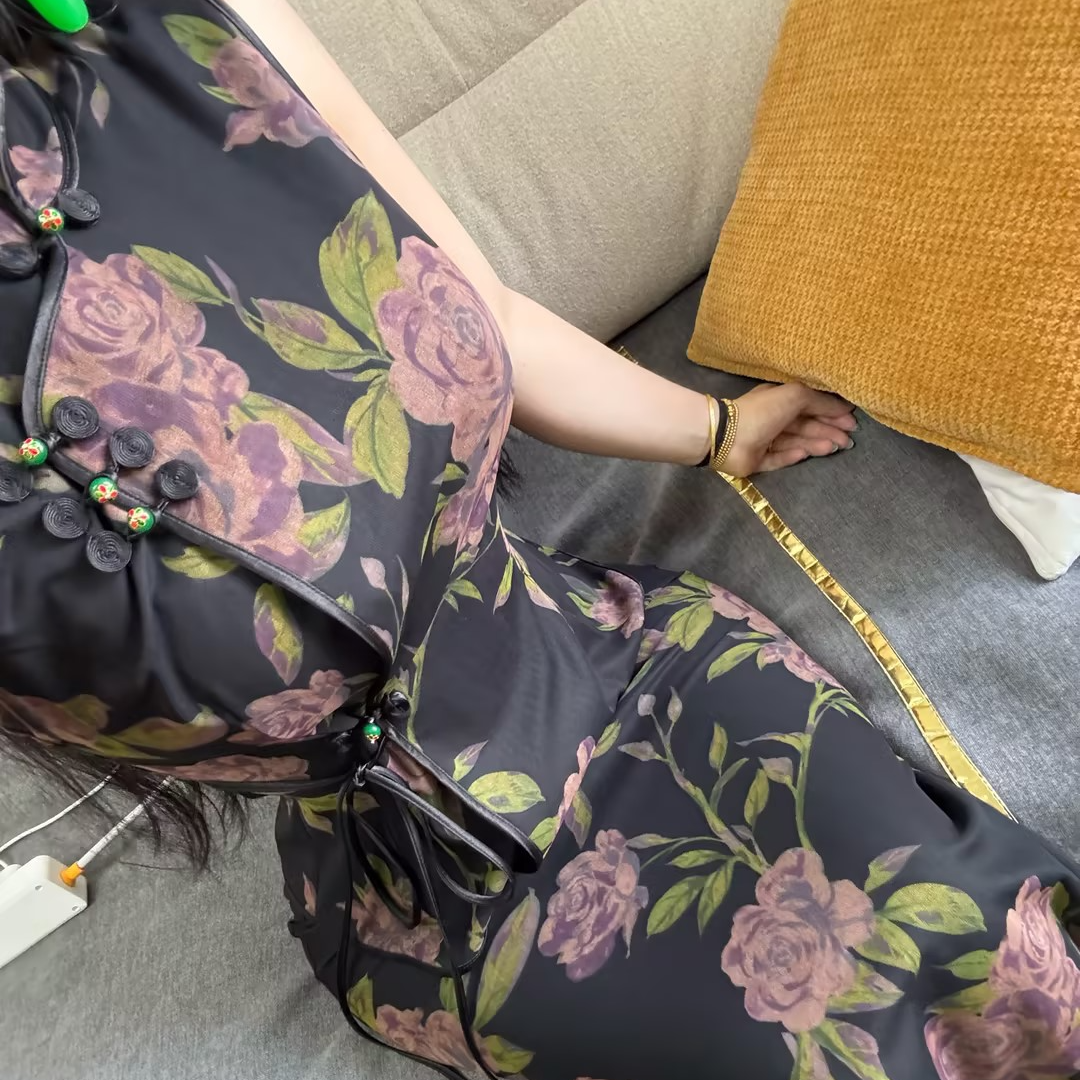 LHMknk1画报夫人原创自制弹力网纱中式两件套旗袍 平替绢纺黑套装